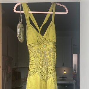 Stunning Sue Wong Chartreuse Green Beaded Maxi Dress Size 4 with Evening Bag